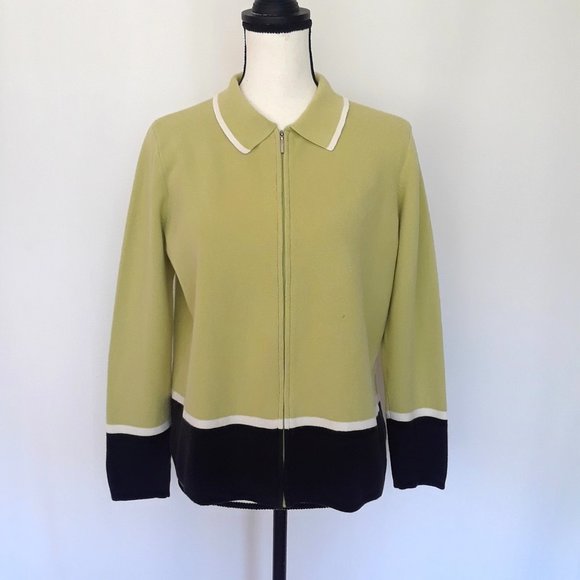 Liz Claiborne Avocado Green Striped Zip Up Sweater - Picture 1 of 10